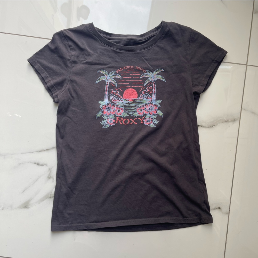 Roxy Black Graphic T-Shirt with Palm Tree Sunset Tropical Beach Women’s Small